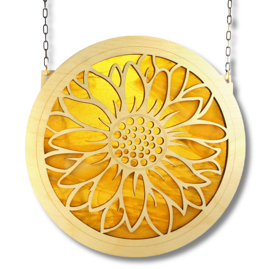Large-stained-glass-and-wood-suncatcher-window-ornament-with-sunflower-cut-out-pattern-in-honey-yellow-glass-color