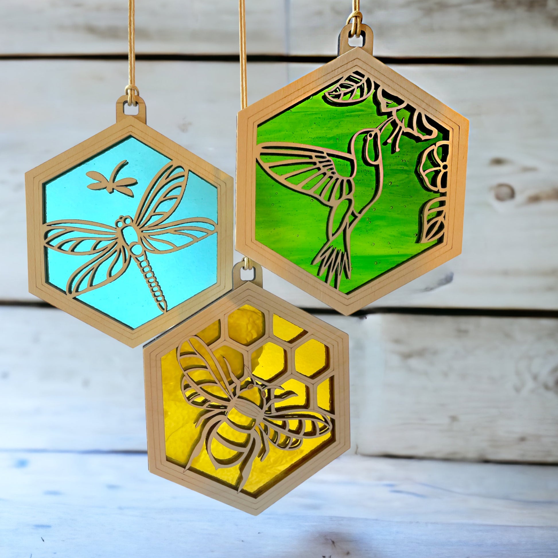 BEE SUNCATCHER - stained glass & wood window ornament 6