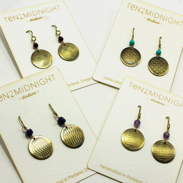 Textured Brass Disc Earrings w/gemstone accents
