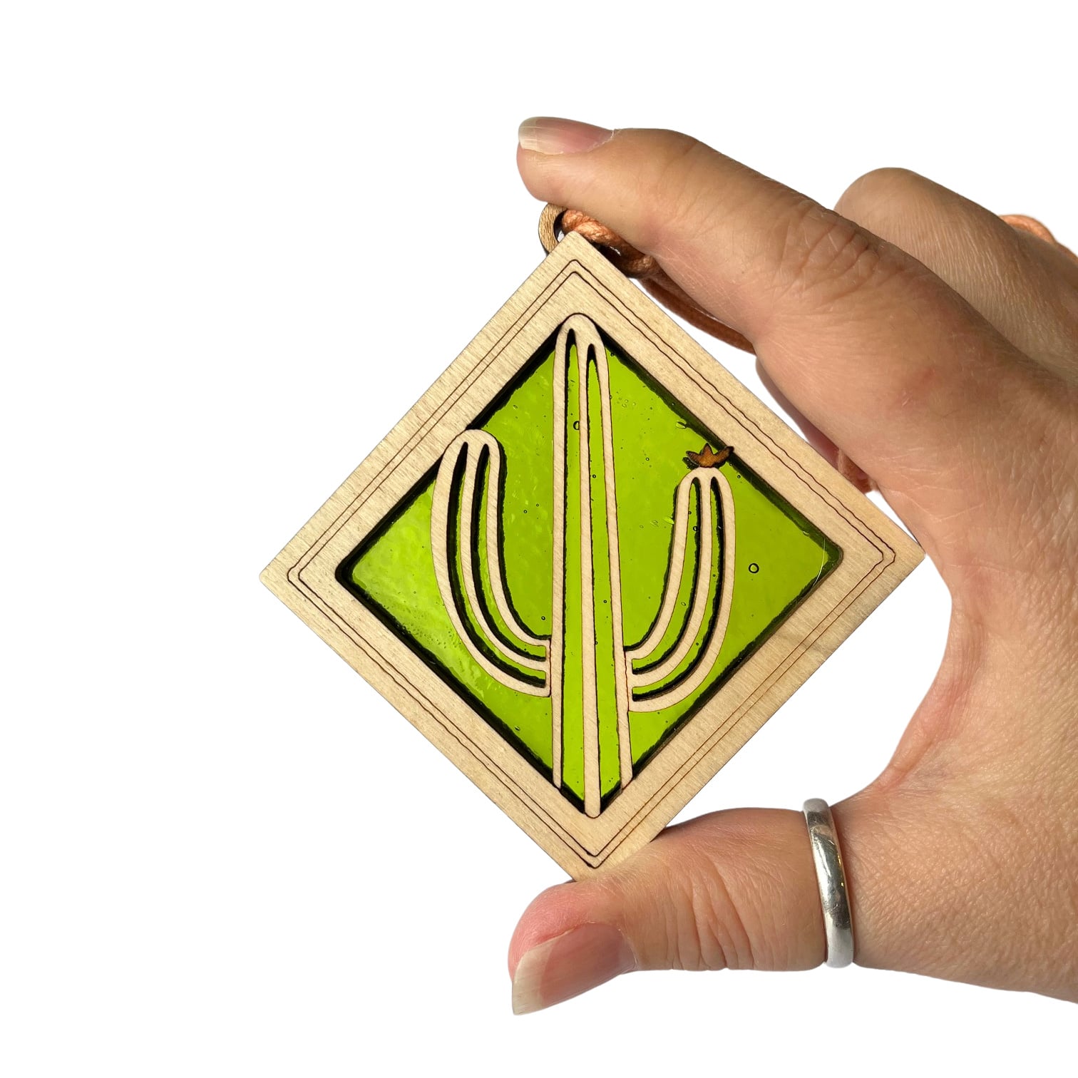 CACTUS MINI SUNCATCHER - stained glass & wood ornament