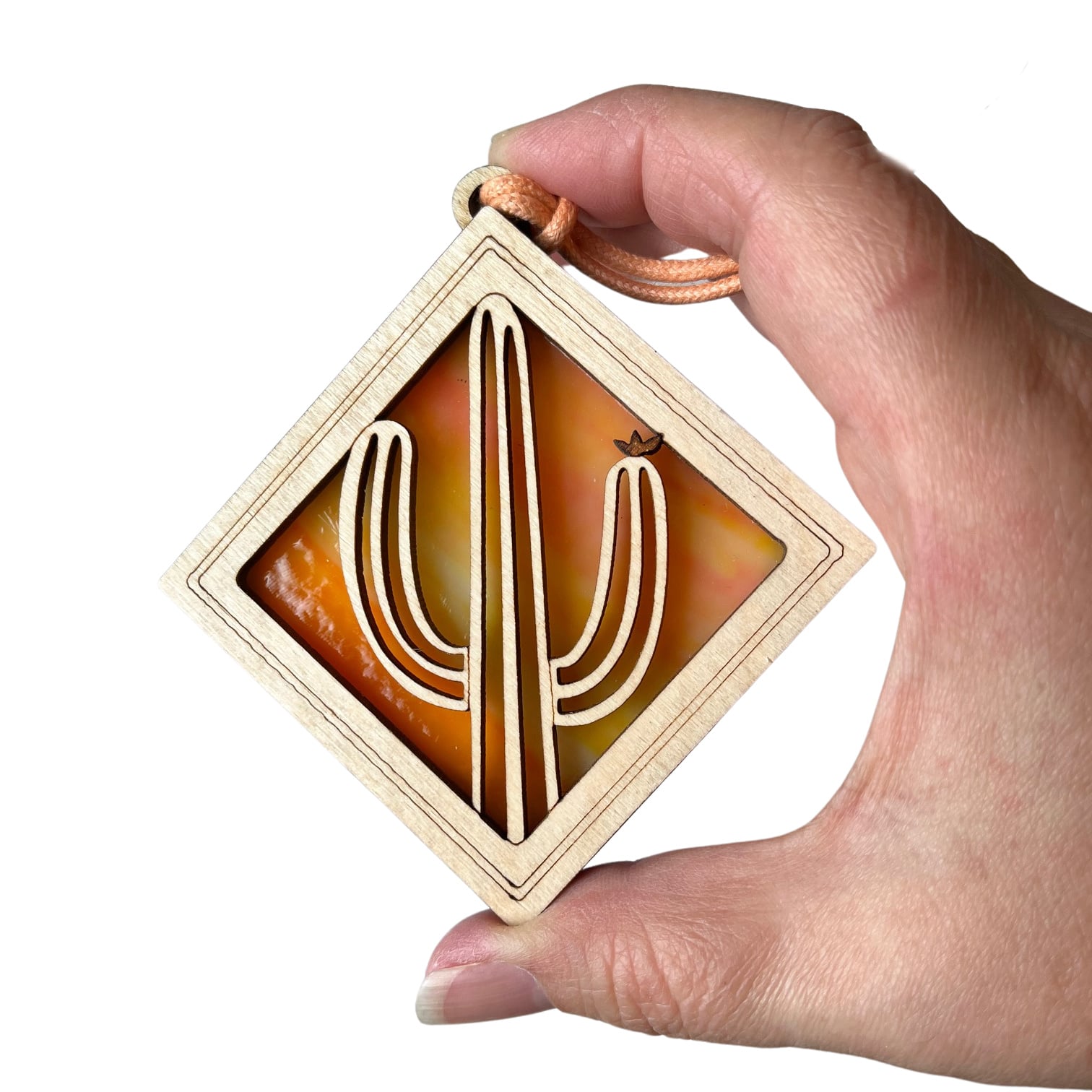 CACTUS MINI SUNCATCHER - stained glass & wood ornament